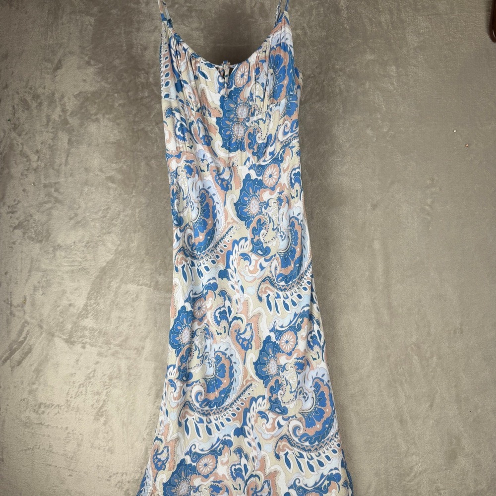 Wilfred Aritzia Blue Peach Paisley Floral Midi Dress Smocked Back Size 6